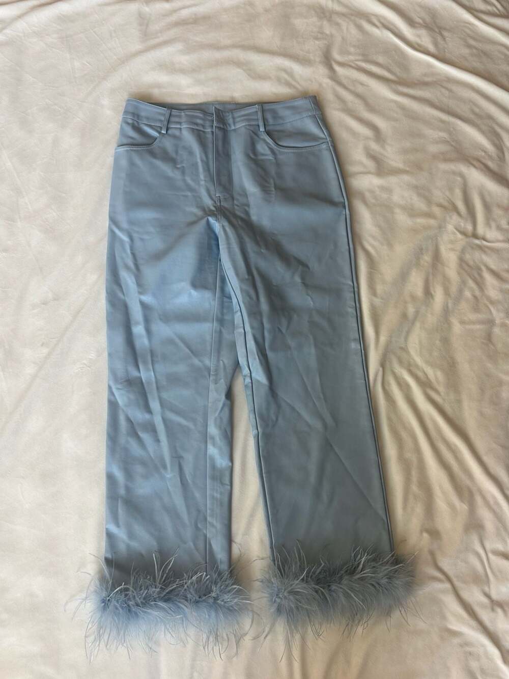 Le Lis Collection Light Blue Faux Leather Feather Hem Pants